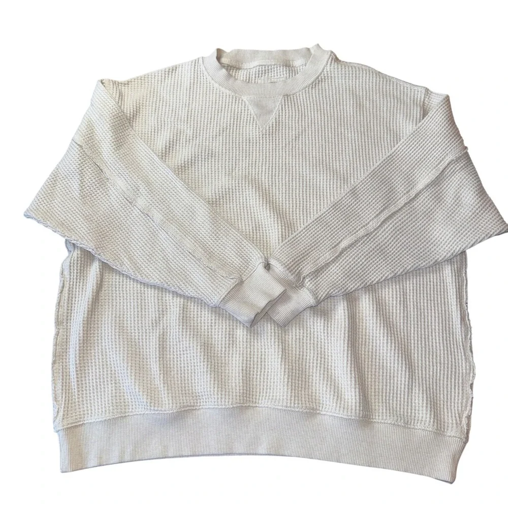 Aerie Waffle Knit Sweater Large Cream Off-White Thermal Crewneck Relaxed Fit